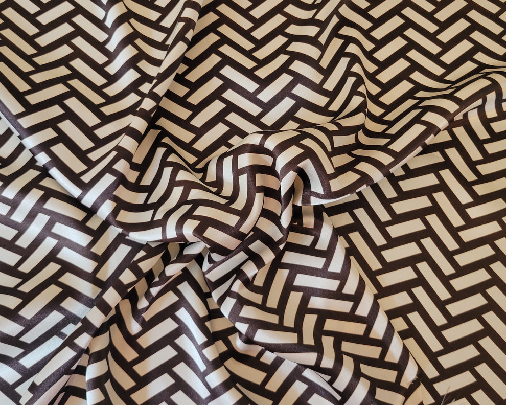 1 Yard Brown Beige Chevron Charmeuse Fabric Polyester Satin Print For Dresses Blouses Scarves Crafts Sewing
