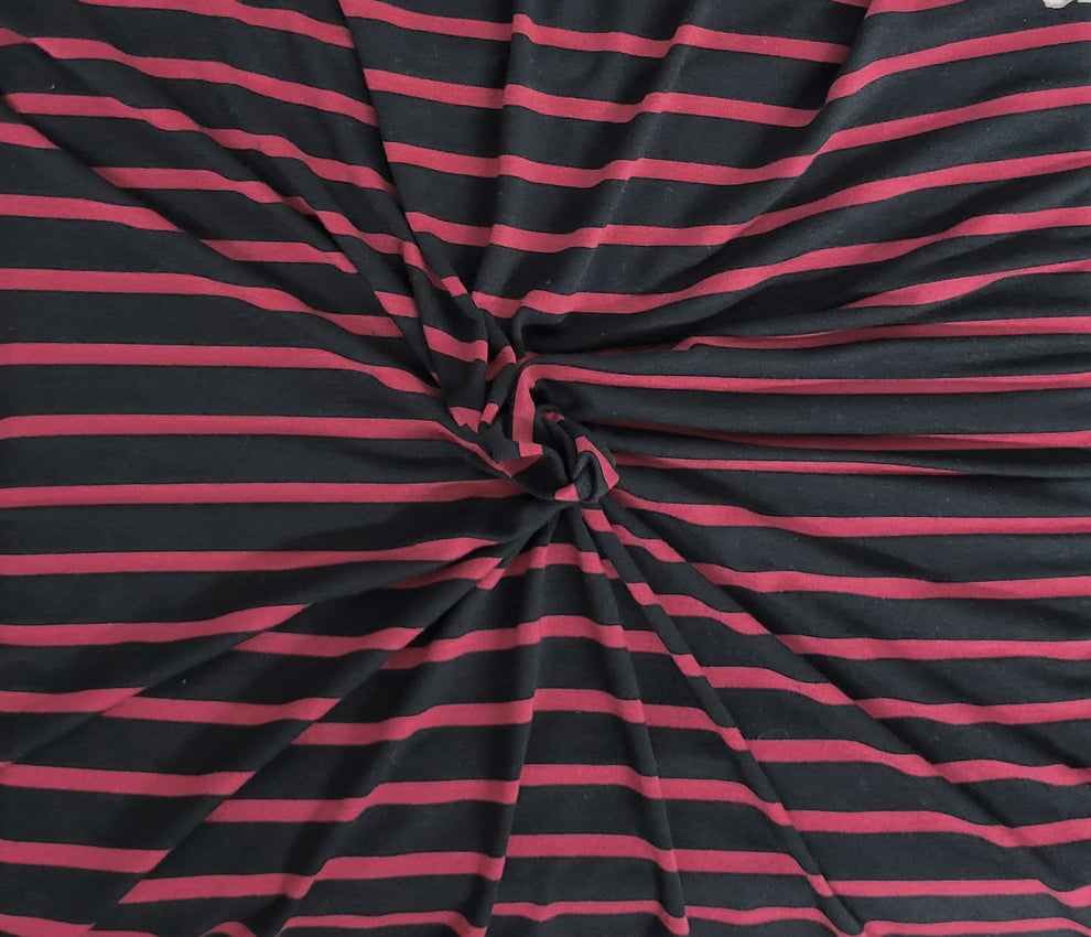 1 Yard Burgundy Black Stripe Stretch Knit Fabric for Dresses, Tops, and Loungewear