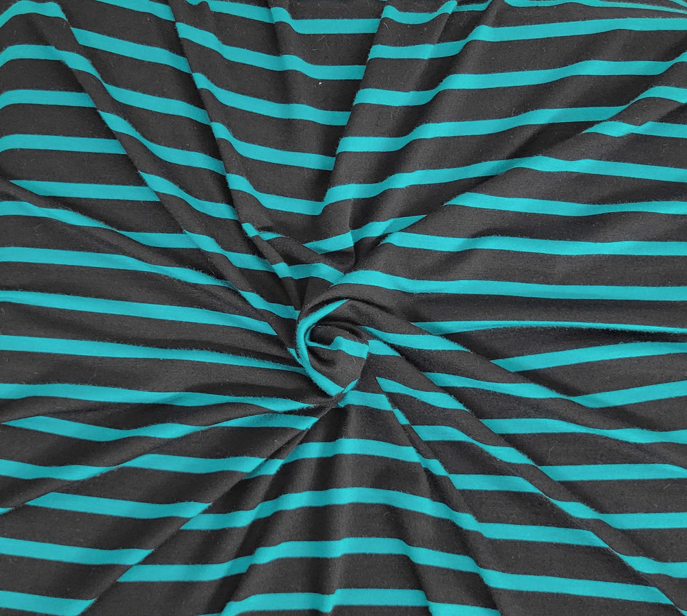 1 Yard Teal Black Stripe Viscose Spandex Print Jersey Fabric Soft Stretch Knit Material For Clothing And DIY Fashion Projects
