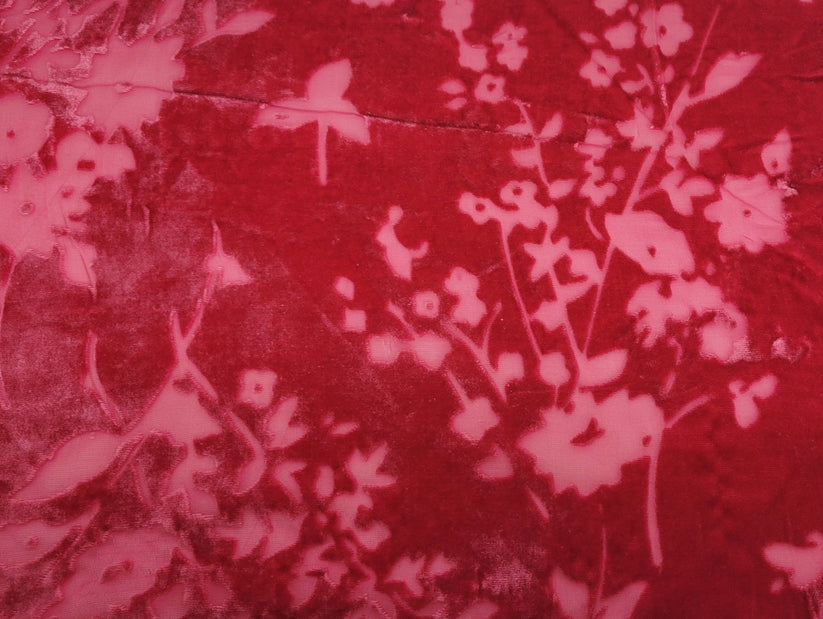 1 Yard Hot Pink Silk Velvet Burnout Flower Fabric
