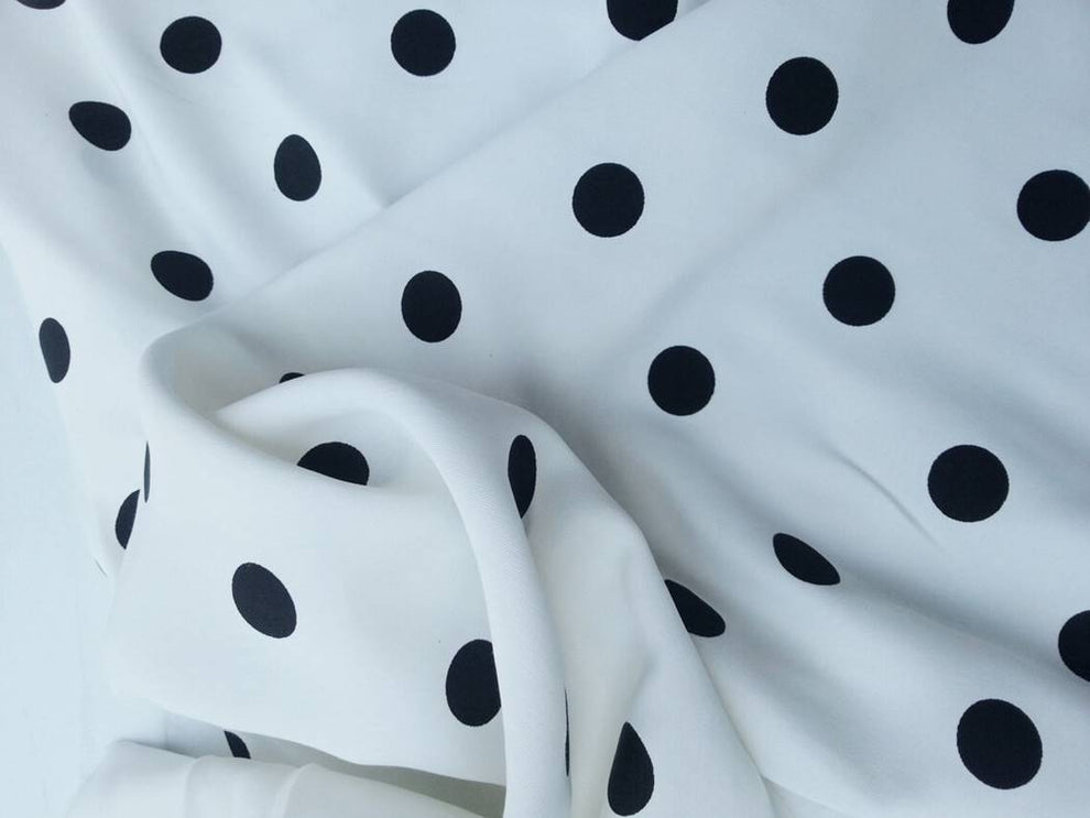 1 Yard Black Polka Dot on White Rayon Acetate Fabric Quarter Size Dots Lightweight Woven