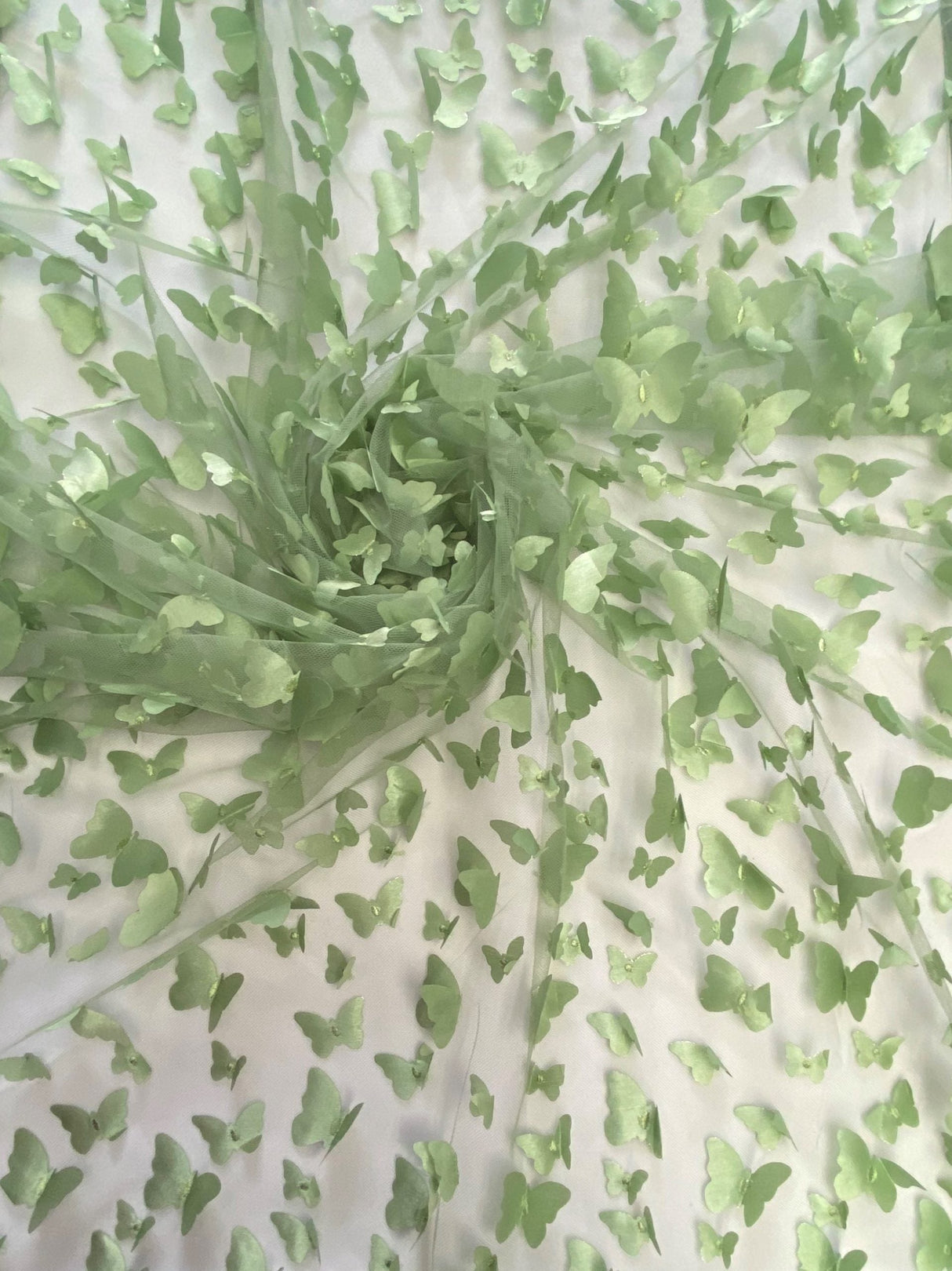1 Yard Sage Green 3D Butterfly Stretch Mesh Fabric with Satin Appliqués for Dresses and Crafts 54 Inch Wide