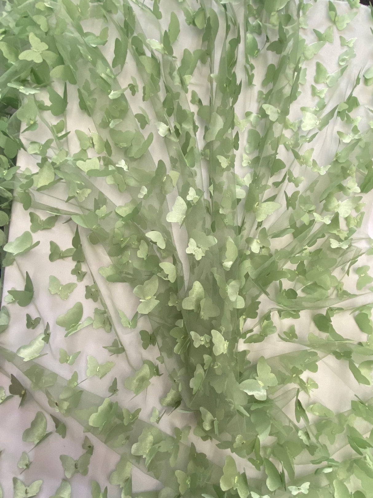 1 Yard Sage Green 3D Butterfly Stretch Mesh Fabric with Satin Appliqués for Dresses and Crafts 54 Inch Wide