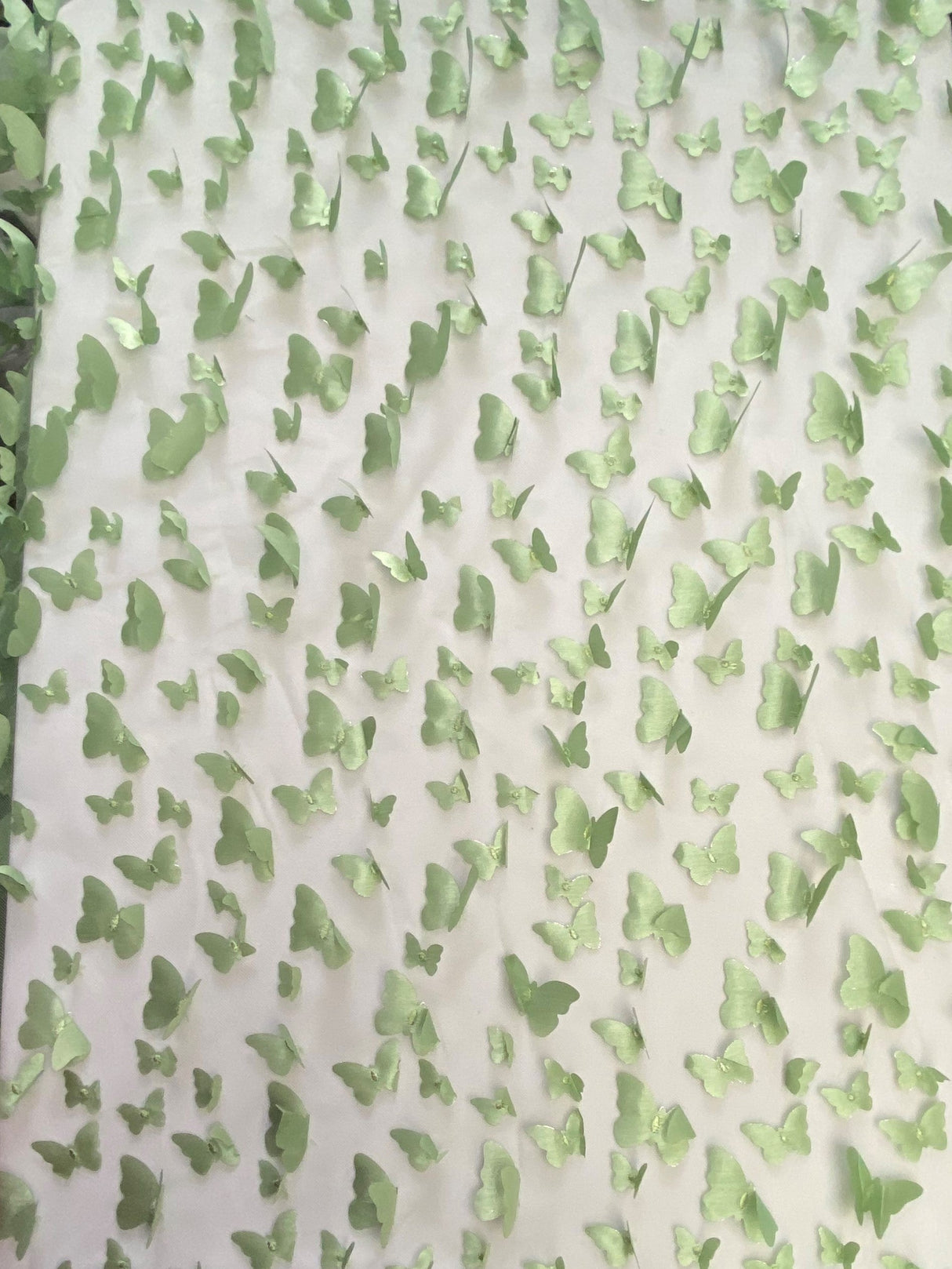 1 Yard Sage Green 3D Butterfly Stretch Mesh Fabric with Satin Appliqués for Dresses and Crafts 54 Inch Wide