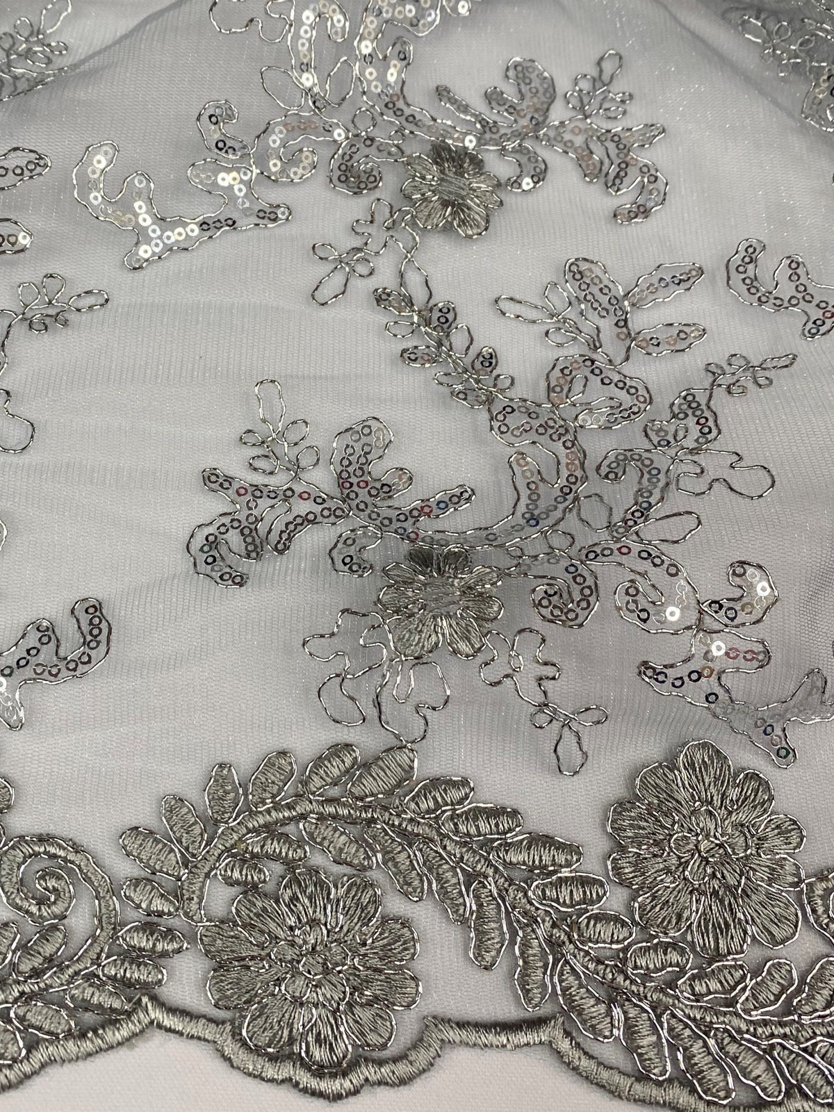 Elena's Lace Polyester Fabric - Gray Silver Corded Mesh Embroidered With Sequins, Double Scalloped Edge, 54" Width (1 Yard)