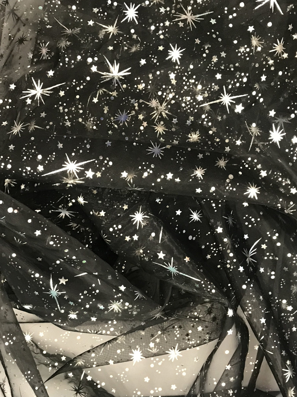 Black/Silver Stars Polyester Fabric - Metallic Silver Foil Star Stamped Sheer Organza, Black/Silver, 58/60" Width