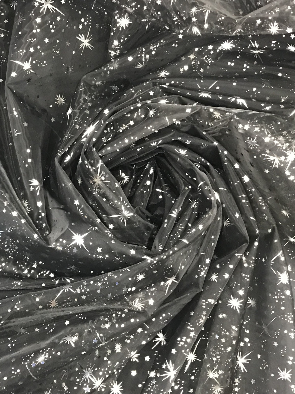 Black/Silver Stars Polyester Fabric - Metallic Silver Foil Star Stamped Sheer Organza, Black/Silver, 58/60" Width