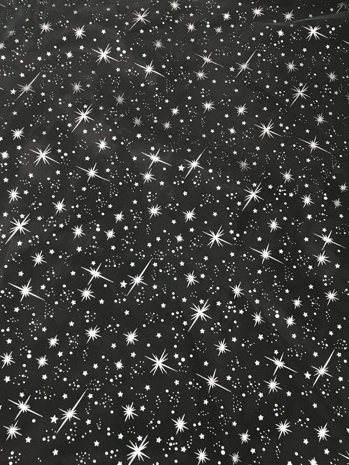 White/Silver Stars Polyester Fabric - Metallic Silver Foil Star Stamped Sheer Organza, White/Silver, 58/60" Width