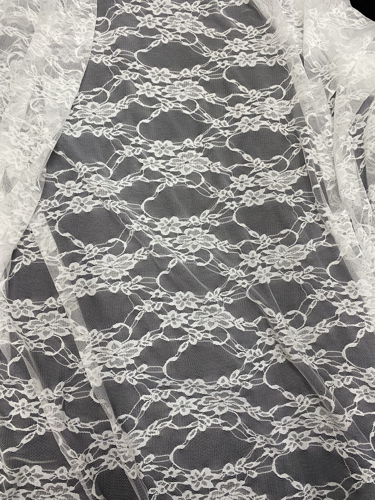White 4-Way Floral Stretch Lace Fabric - Shimmery Floral Lace, White, 58/60" Width (1 Yard)