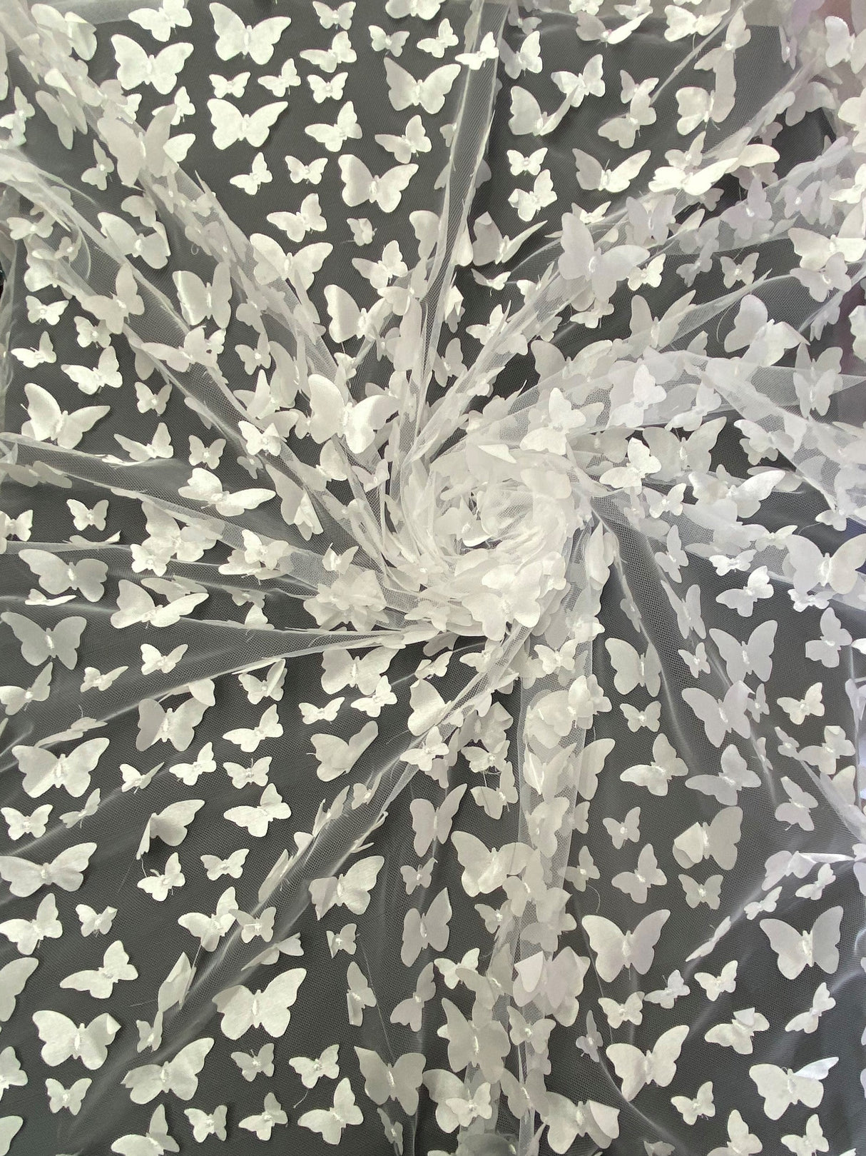 1 Yard White 3D Butterfly Satin Mesh Fabric on Stretch Tulle for Dresses and Accessories 54 Inch Wide