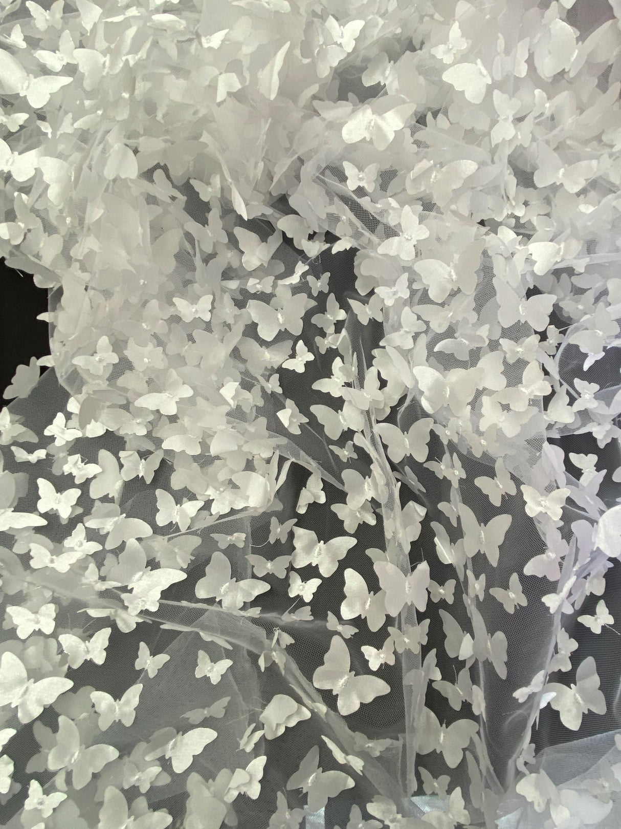 1 Yard White 3D Butterfly Satin Mesh Fabric on Stretch Tulle for Dresses and Accessories 54 Inch Wide