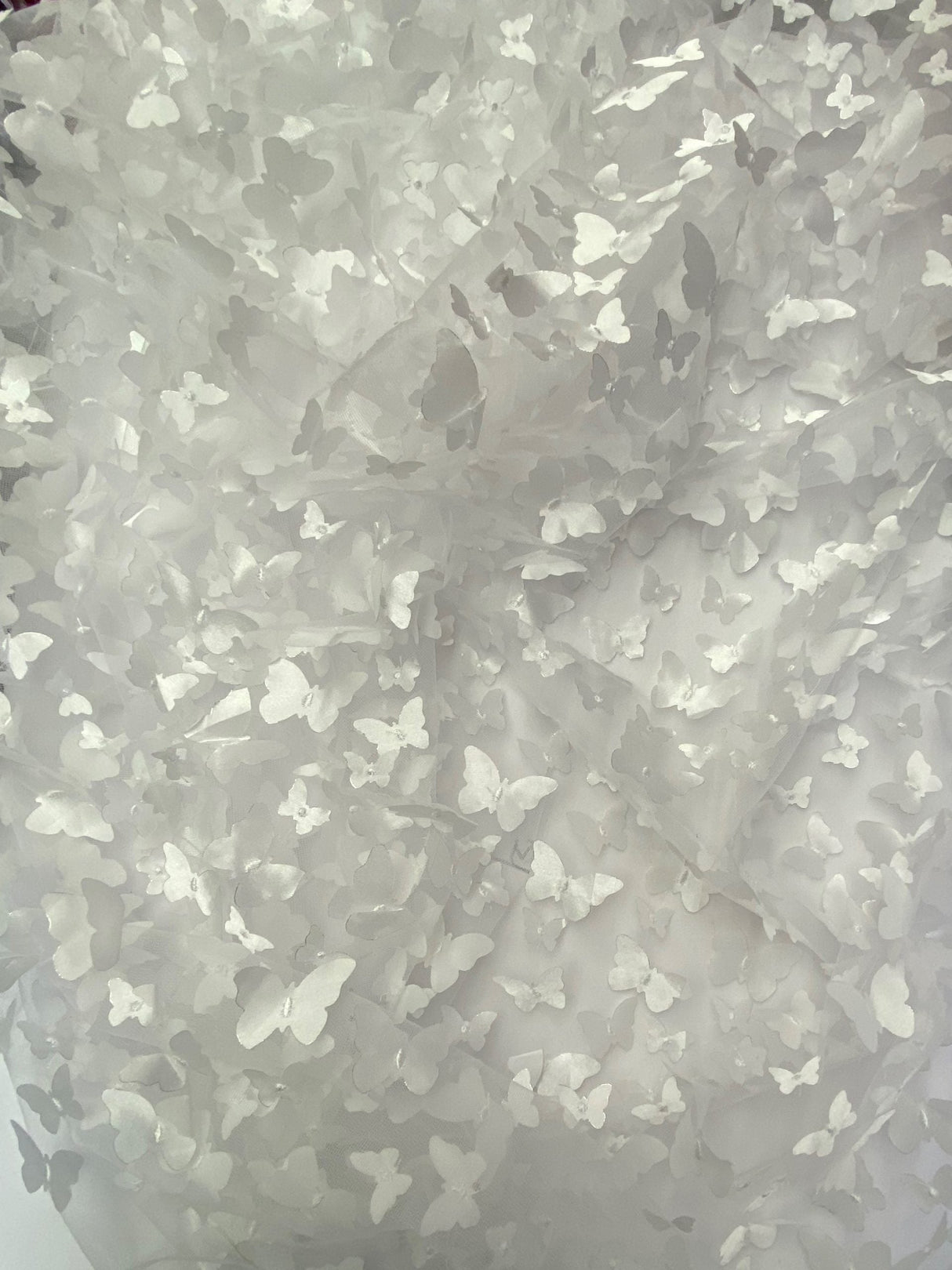 1 Yard White 3D Butterfly Satin Mesh Fabric on Stretch Tulle for Dresses and Accessories 54 Inch Wide