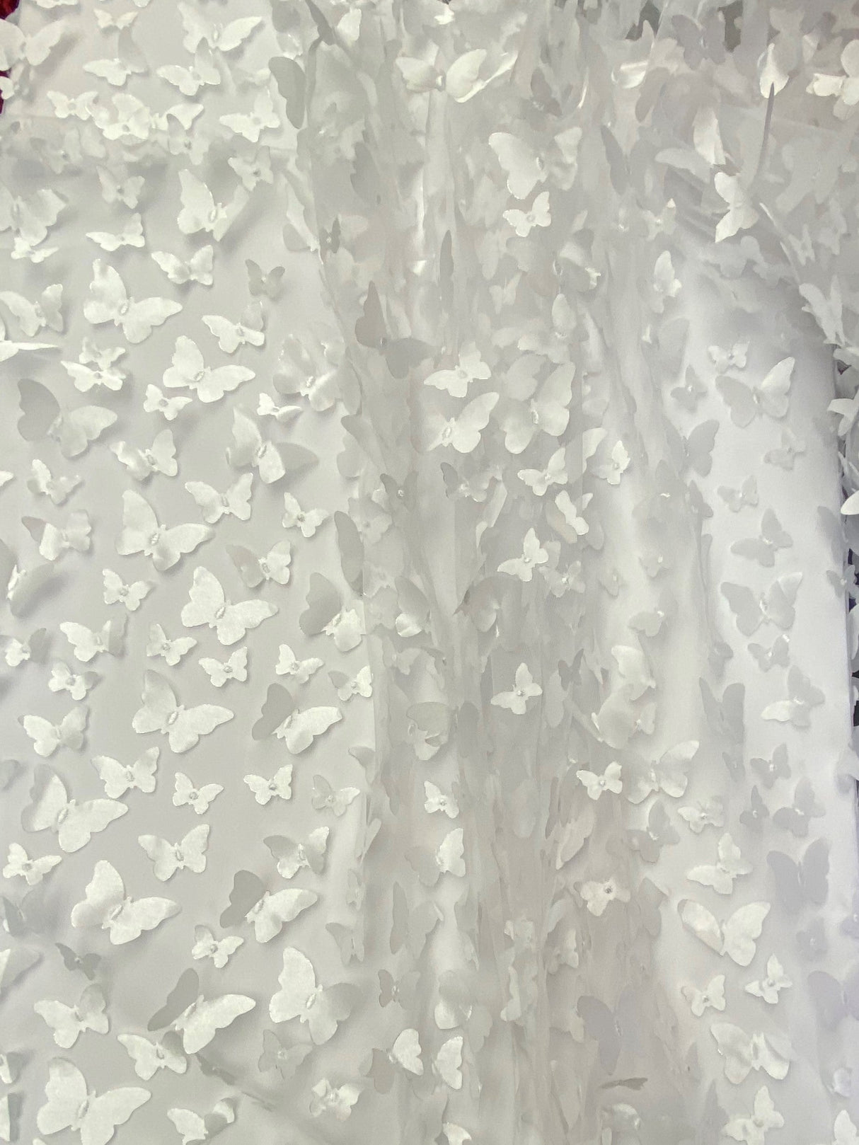 1 Yard White 3D Butterfly Satin Mesh Fabric on Stretch Tulle for Dresses and Accessories 54 Inch Wide