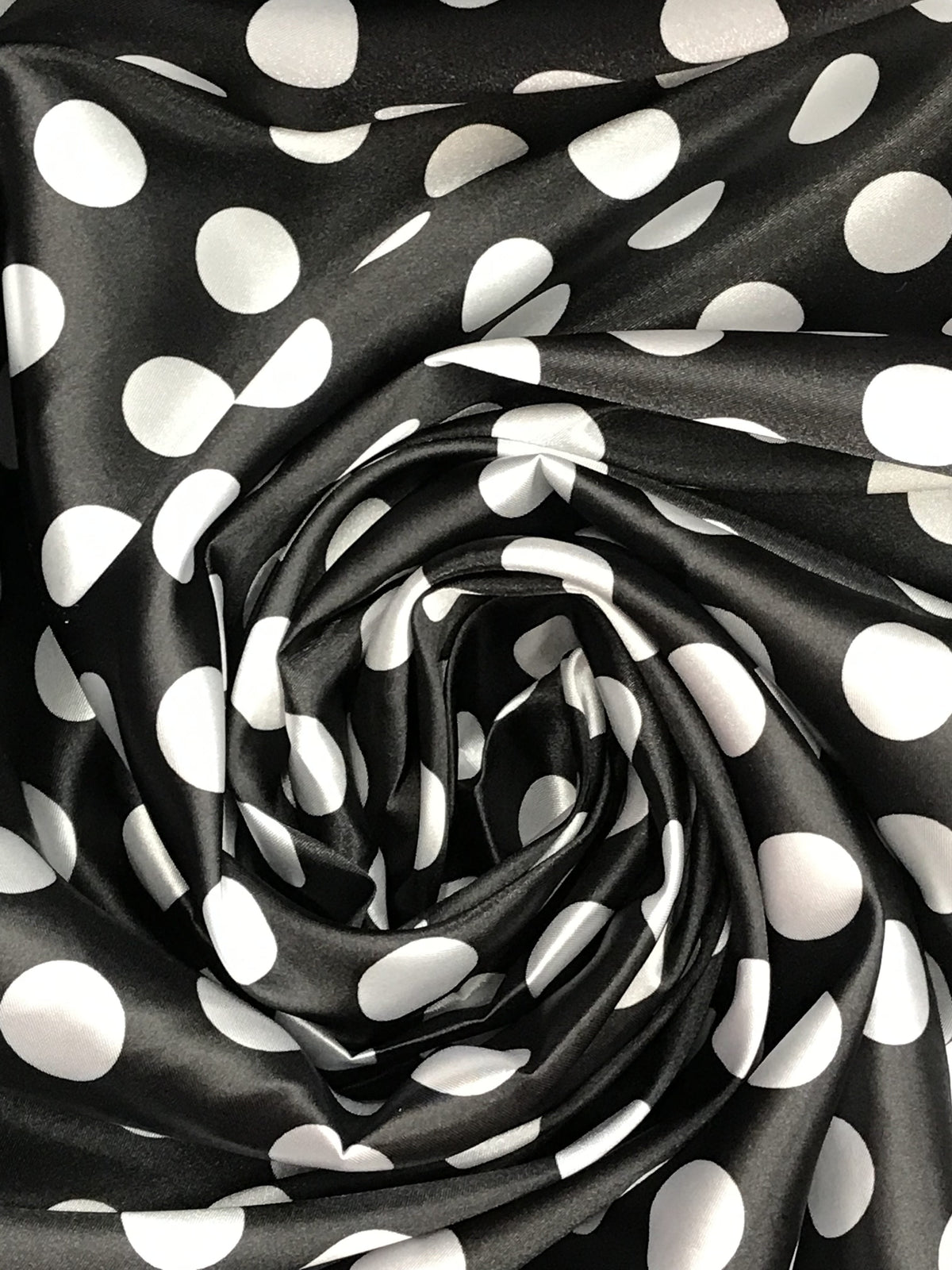 Big Polka Dots White On Black Polyester Satin Fabric - White Polka Dots On Black, 59/60" Width (1 Yard)