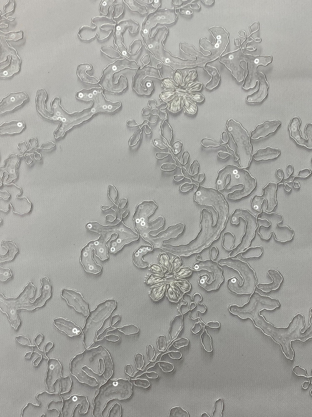 Elena'S Lace Polyester Lace Fabric - White/Clear Sequins, Double Scalloped Edge, 54" Width (1 Yard)