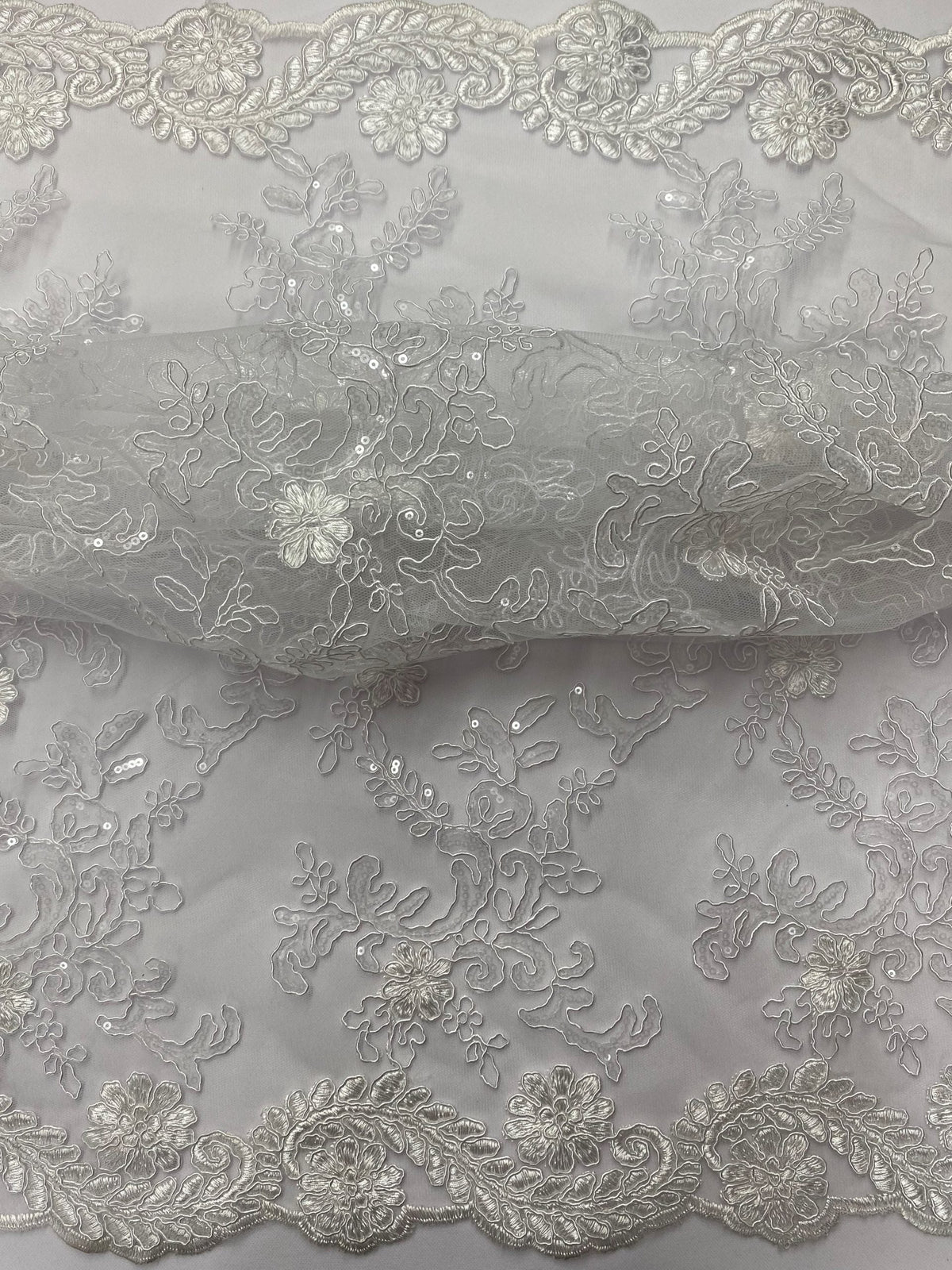 Elena'S Lace Polyester Lace Fabric - White/Clear Sequins, Double Scalloped Edge, 54" Width (1 Yard)