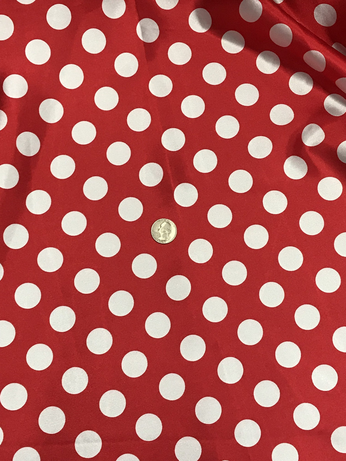 Big Polka Dots White On Red Polyester Satin Fabric - White Polka Dots On Red, 59/60" Width