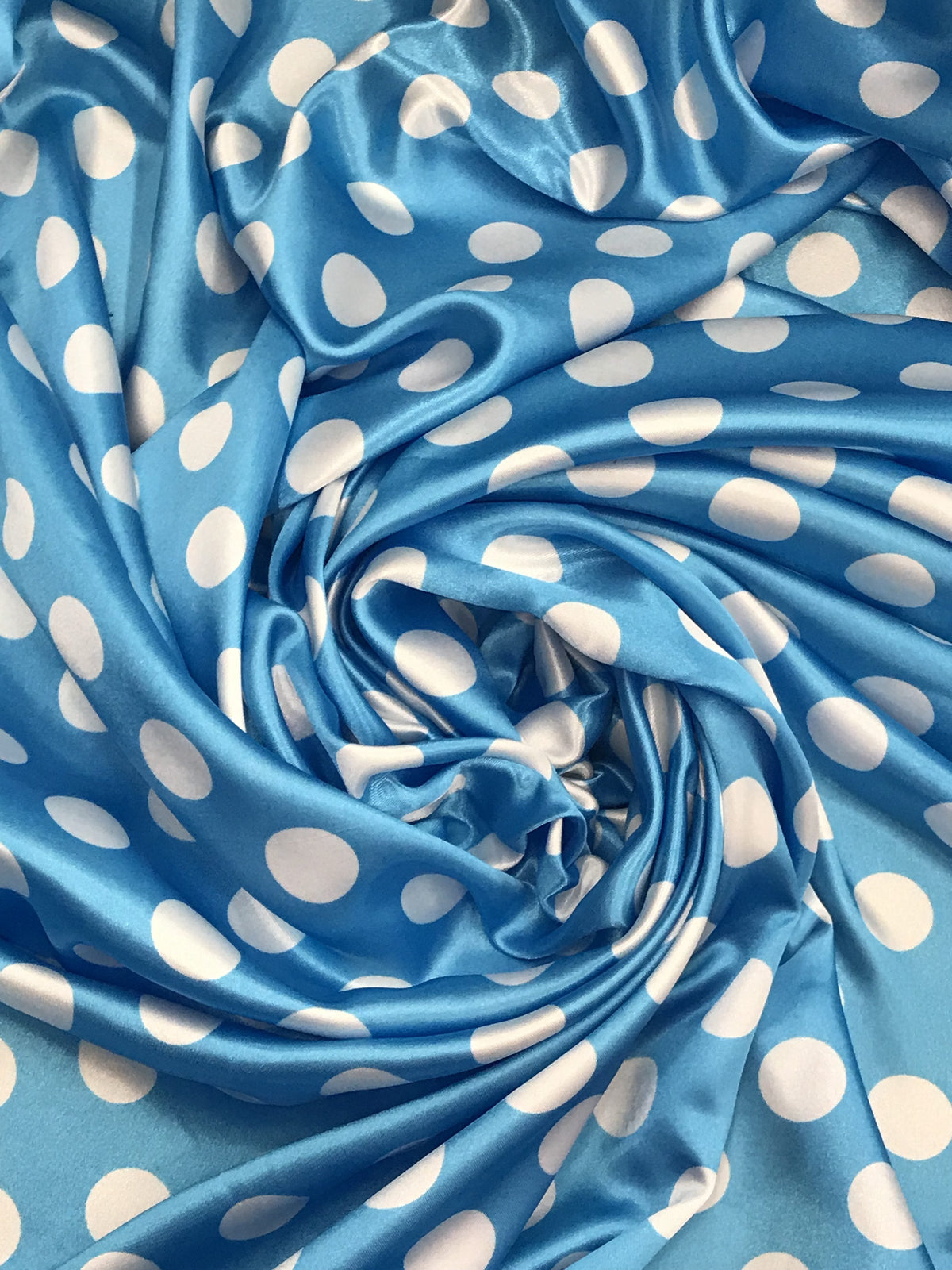 Big Polka Dots White On Turquoise Polyester Satin Fabric - White Polka Dots, Turquoise, 59/60" Width