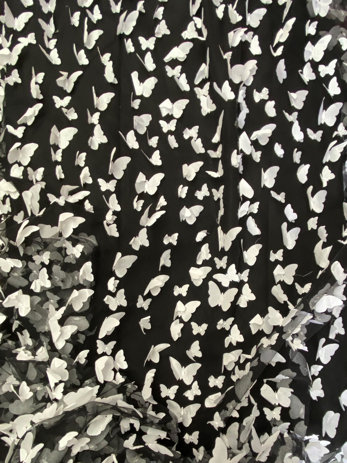 1 Yard White on Black 3D Butterfly Satin Mesh Fabric for Dresses, Skirts, and Costumes 54 Inch Wide