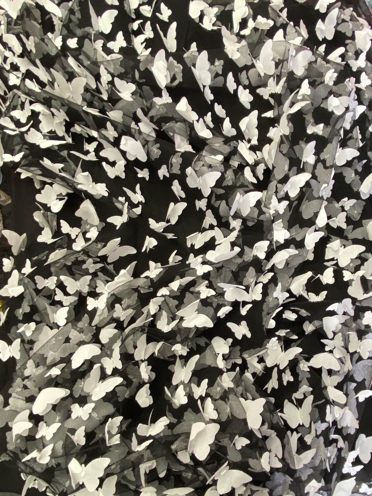 1 Yard White on Black 3D Butterfly Satin Mesh Fabric for Dresses, Skirts, and Costumes 54 Inch Wide