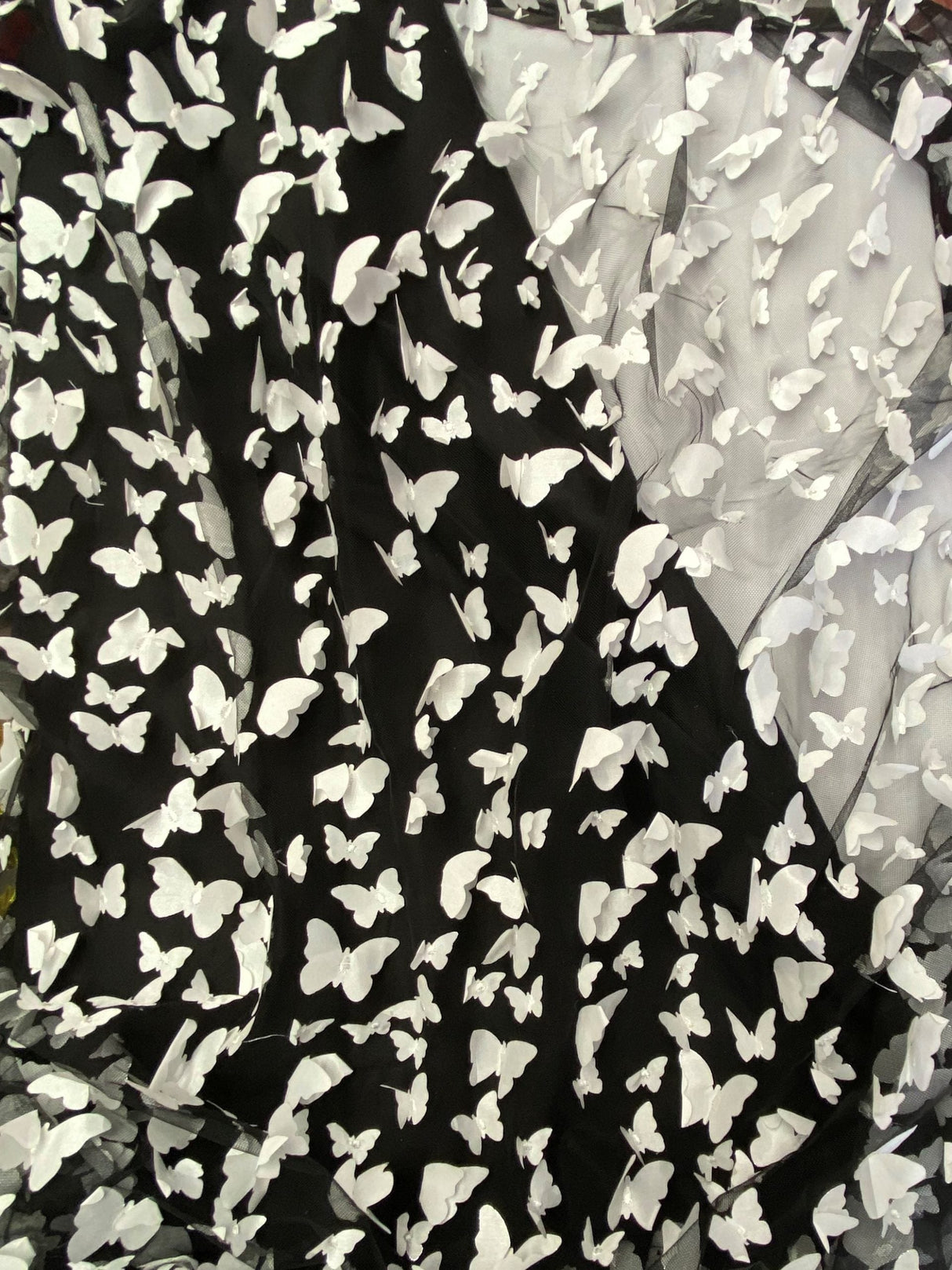 1 Yard White on Black 3D Butterfly Satin Mesh Fabric for Dresses, Skirts, and Costumes 54 Inch Wide