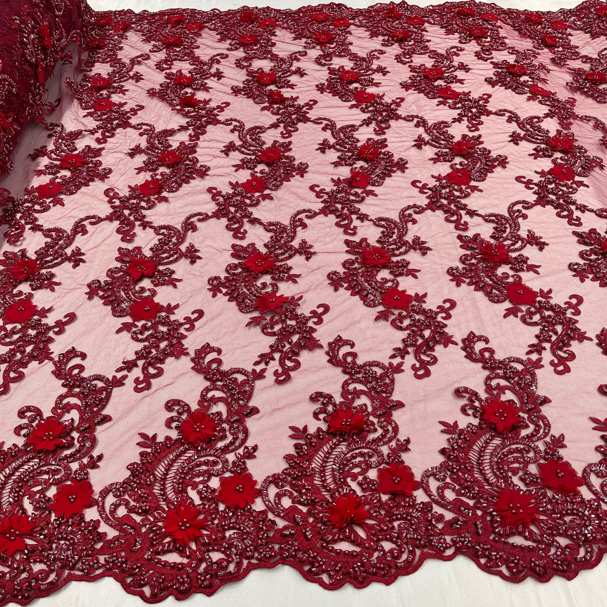 1 Yard Sage 3D Beaded Floral Embroidered Lace Fabric on Polyester Mesh, 52” Wide