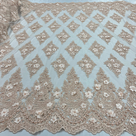 1 Yard Wine Beaded 3D Floral Lace Fabric Embroidered Polyester Net Mesh 51 Inch Width