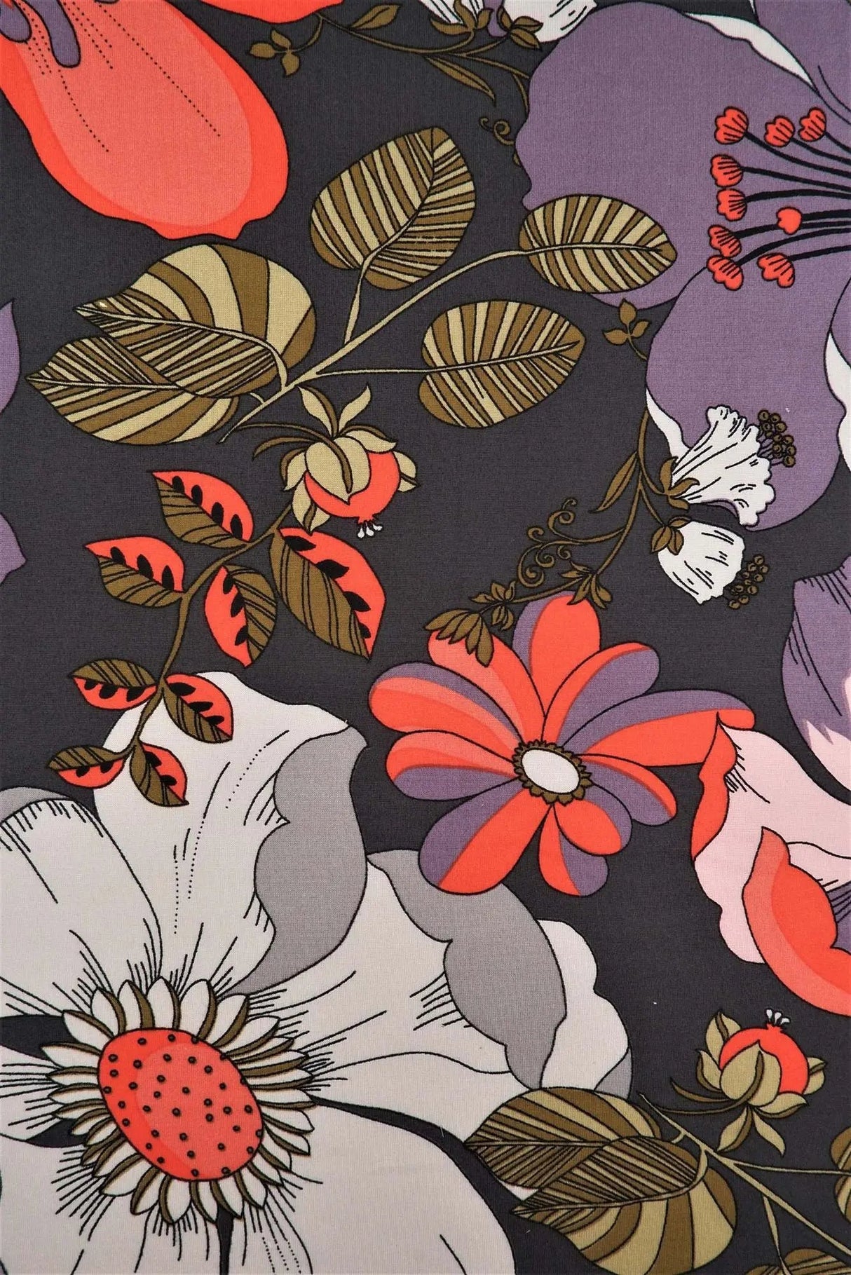 Charcoal DTY Brushed Retro Floral Fabric Stretch Knit, 58/60" Wide