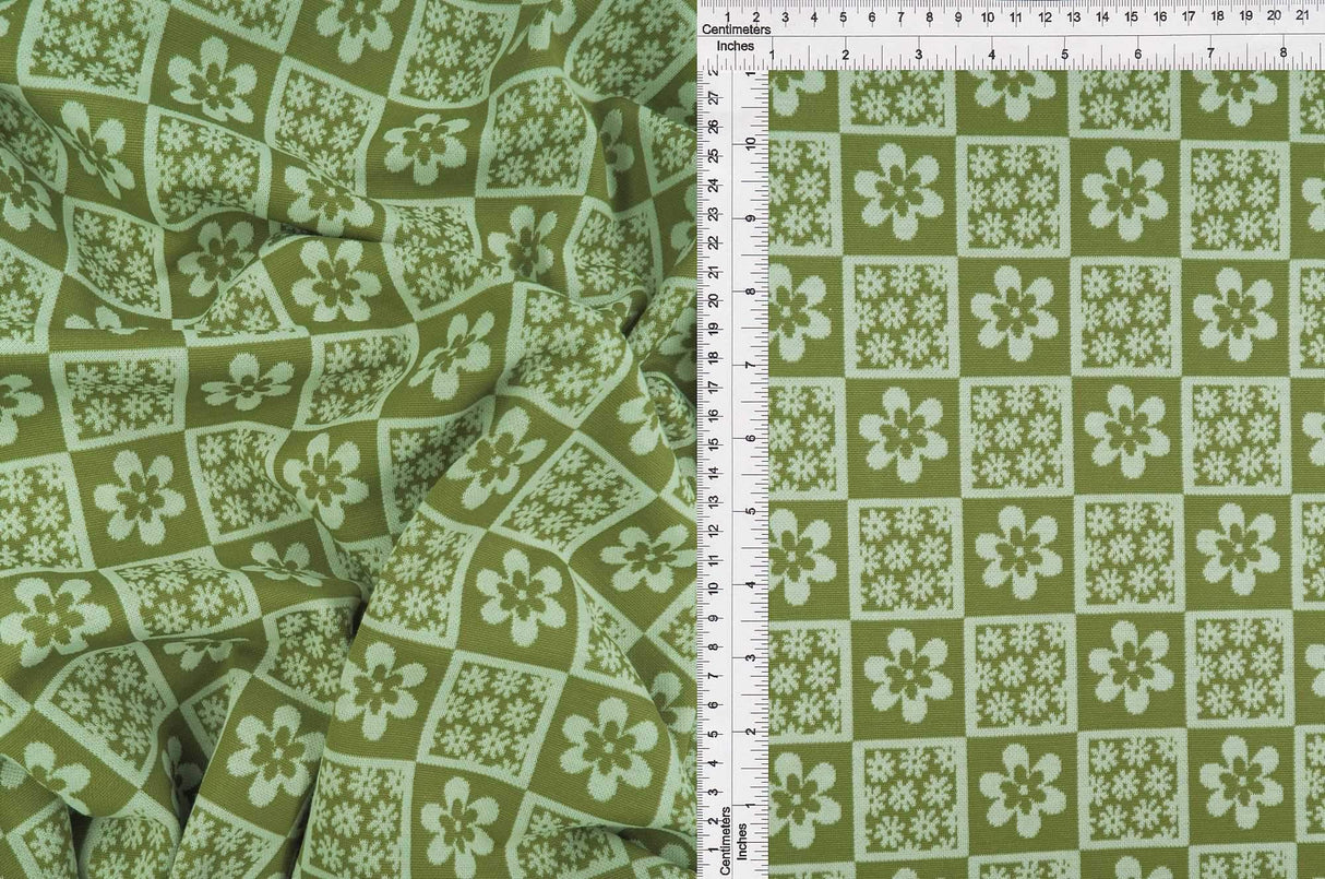 Double Knit Jacquard Flower Checker Fabric 1 Yard Soft Stretch Textured 58/60" Wide