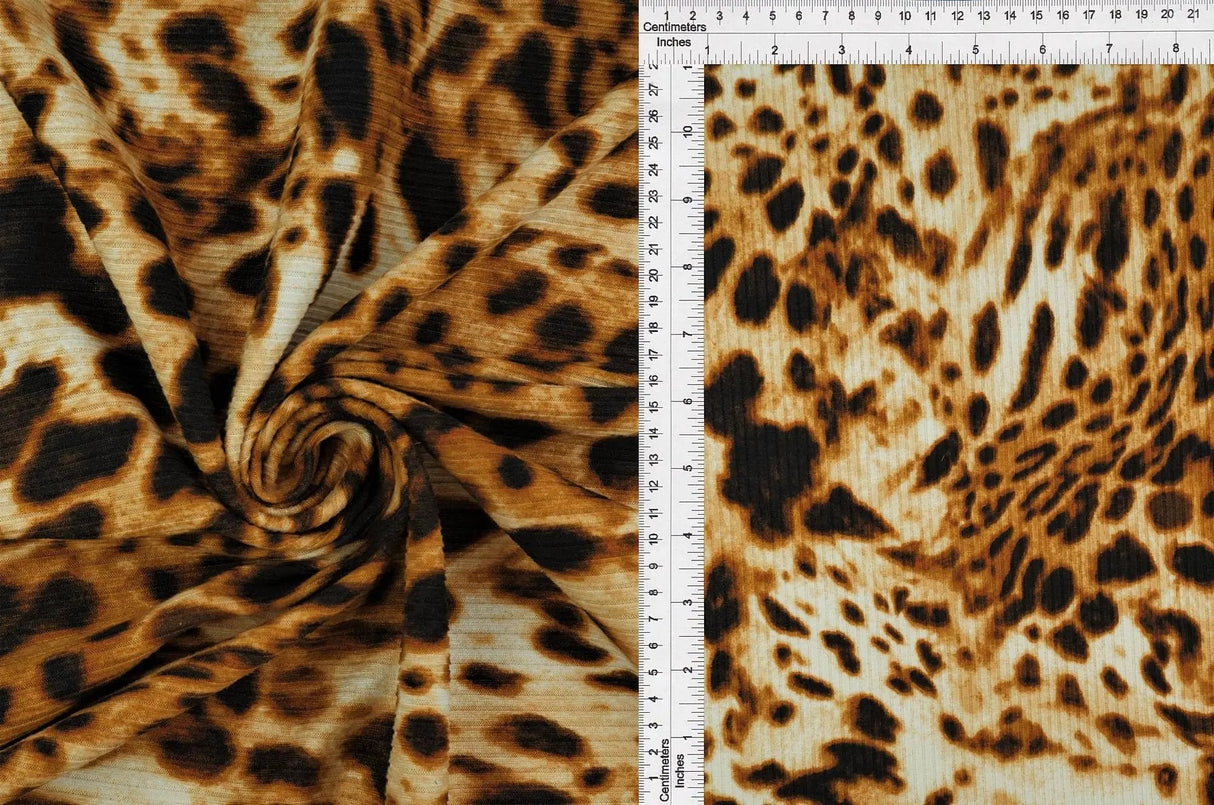 4x2 Yummy Rib Animal Leopard Print Knit Fabric, Soft Stretch Polyester Spandex 58/60” Wide