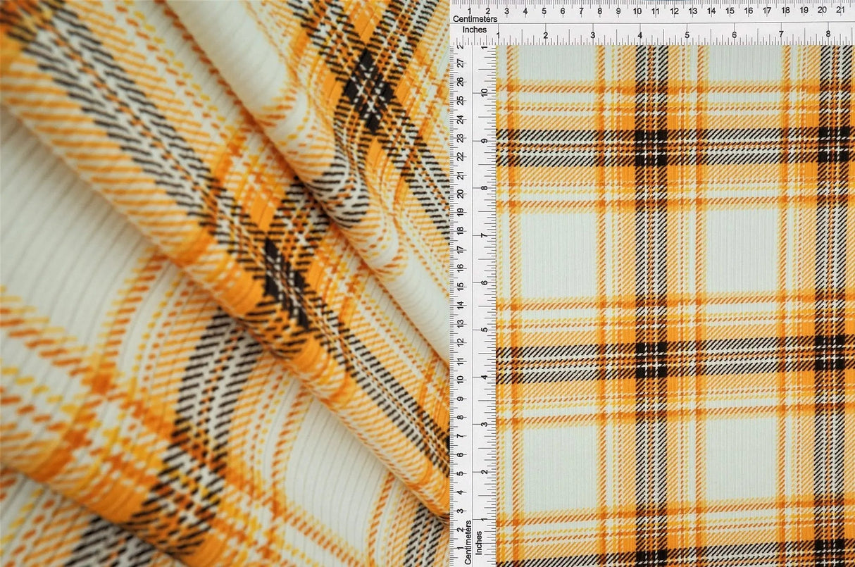 1 Yard Ivory Mustard Plaid 4X2 Yummy Rib Knit Fabric Soft Stretch 58/60 Inches Wide