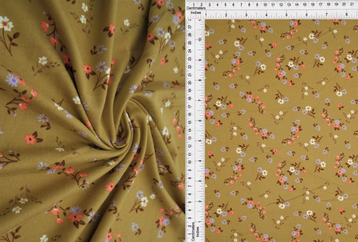1 Yard Olive Vintage Ditsy Floral Brushed DTY Knit Fabric Soft Stretch 58/60" Wide