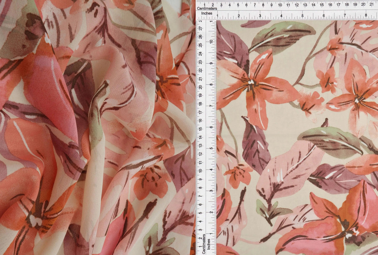 1 Yard Hi Multi Chiffon 57/58? Wide Sand & Rust Big Floral Print