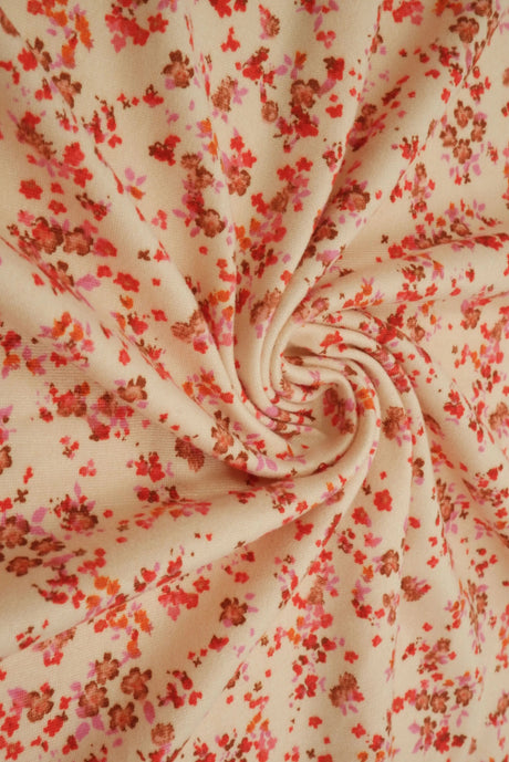 1 Yard Sand & Red Ditsy Floral Brushed DTY Knit Fabric Soft Stretch 58/60" Wide