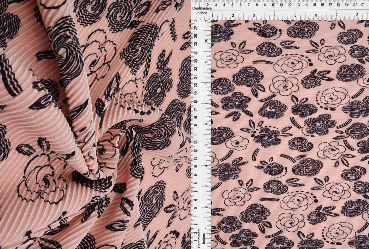 Pleated Geo Floral Fabric 100% Polyester Bodre Interlock, 58/59" Wide, Lightweight Knit
