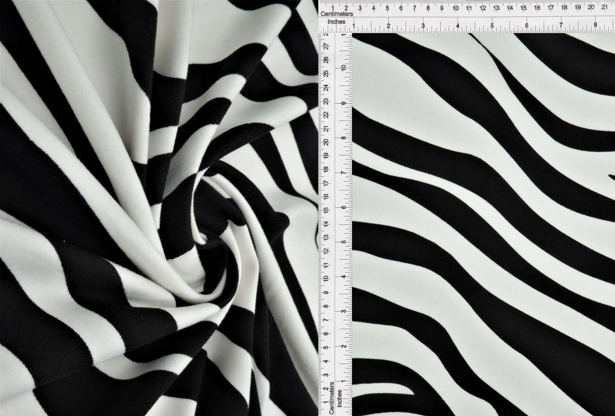 1 Yard Brushed DTY Zebra Print Knit Fabric 170 GSM, 58/60? Wide Polyester Spandex Blend Black/Ivory