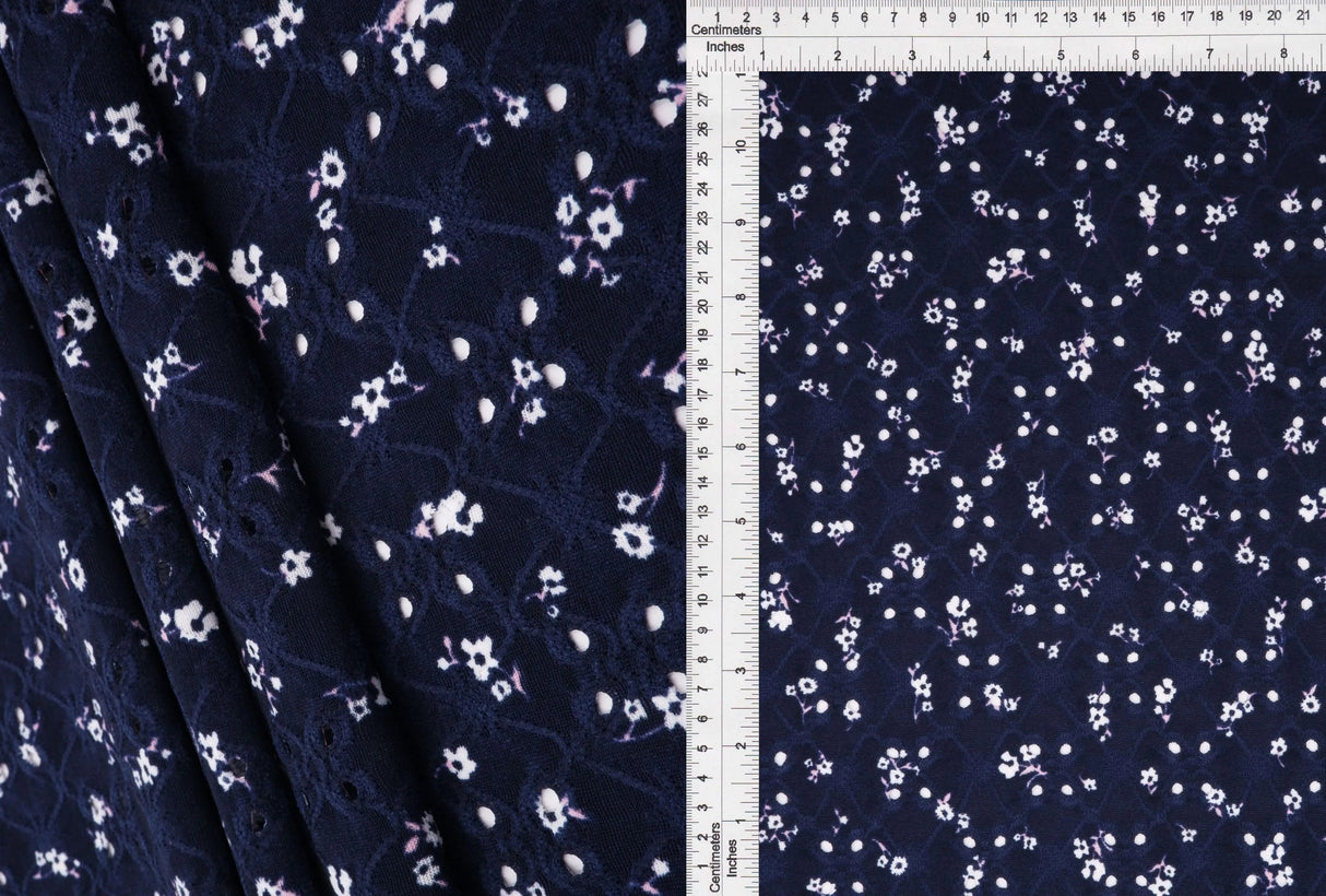 1 Yard Jacquard Eyelet Ditsy Floral Knit Fabric 190 GSM, 58/60'' Wide Polyester Spandex Blend