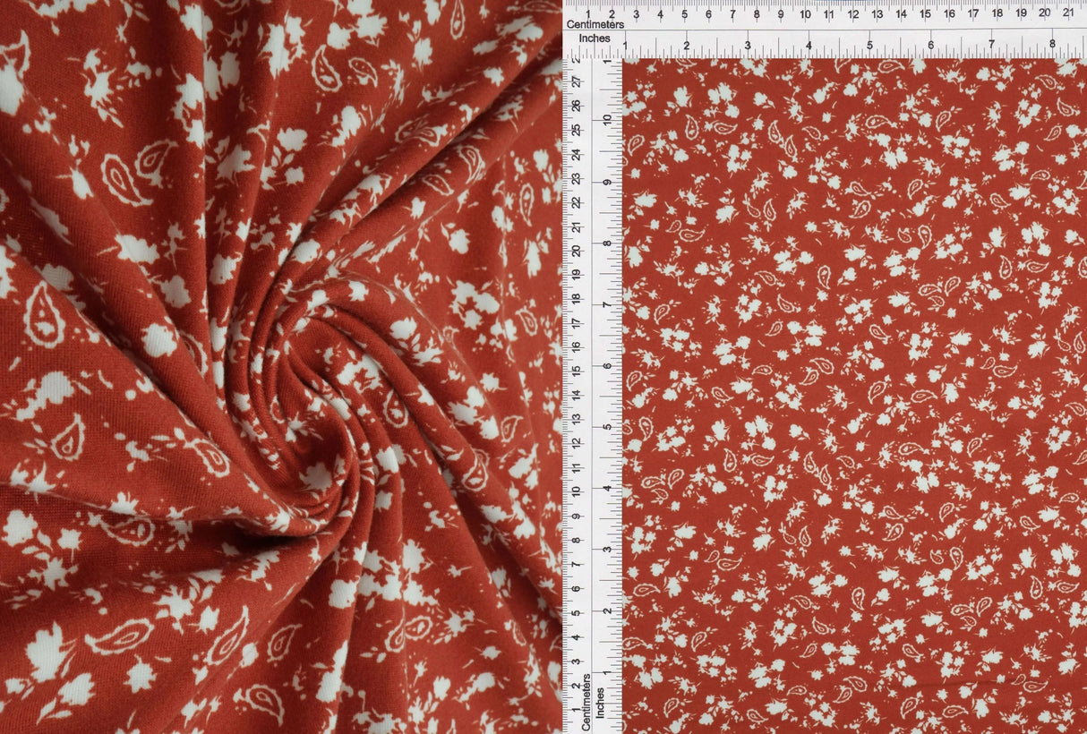 1 Yard Brushed DTY Floral Paisley Knit Fabric 170 GSM, 58/60'' Wide Polyester Spandex Blend
