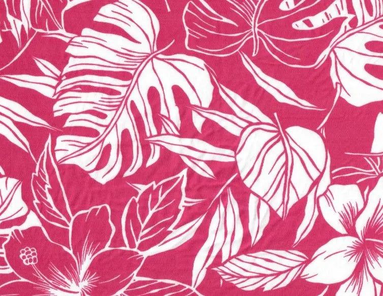 DTY Tropical Leaf & Floral Knit Fabric, Fuchsia Stretch Print 58/60" Wide