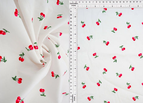 Stretch Poplin Cherry Print Fabric, Cotton Spandex Woven 57/58" Wide