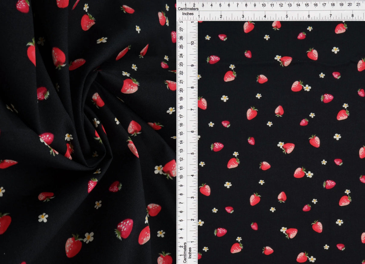 1 Yard Stretch Poplin Strawberry Print Fabric, 57/58? Wide Cotton Spandex Blend