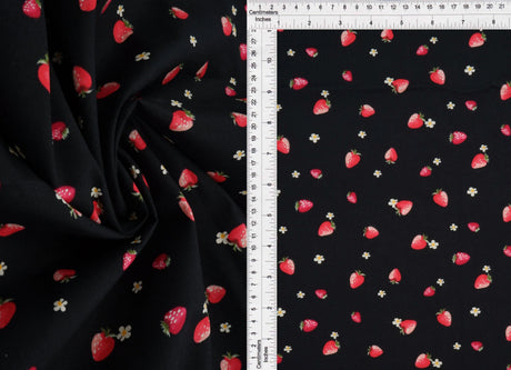1 Yard Stretch Poplin Strawberry Print Fabric, 57/58? Wide Cotton Spandex Blend