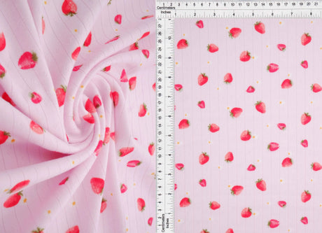 1 Yard 93% Polyester 7% Spandex Cotton-Style Pointelle Strawberry Print Fabric 58/60" Width