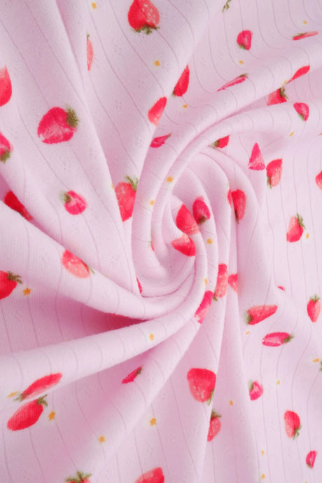 1 Yard 93% Polyester 7% Spandex Cotton-Style Pointelle Strawberry Print Fabric 58/60" Width