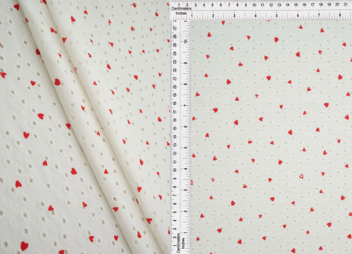 1 Yard Knit Jacquard Eyelet Heart Print Fabric Stretch Polyester Spandex 58/60 Inches Wide