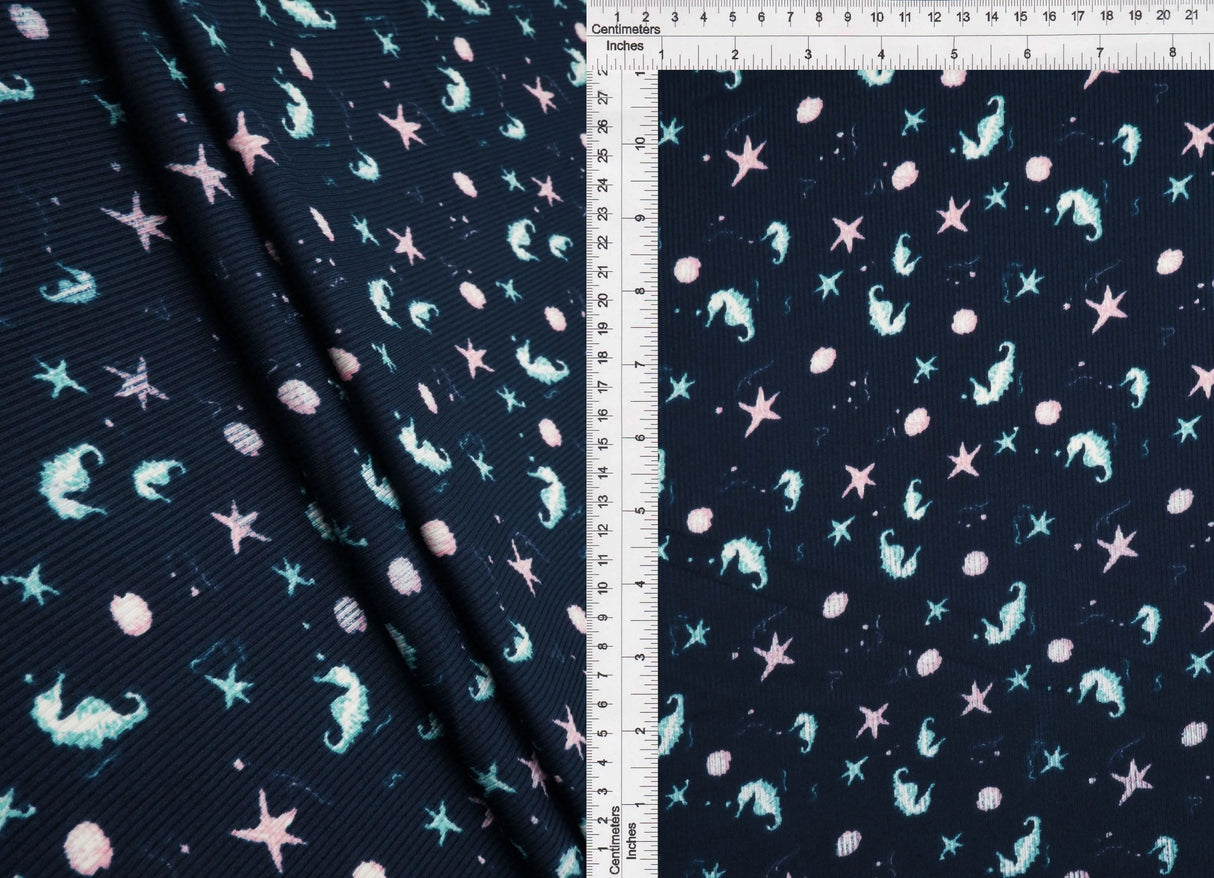 1 Yard Cotton Feel 2x2 Rib Knit Fabric Under the Sea Print, 230 GSM, 58/59? Wide Polyester Spandex Blend