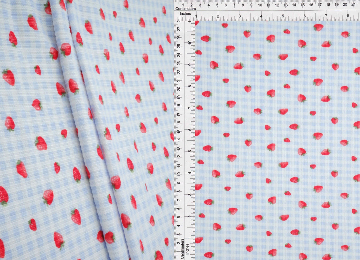 Soft Stretchy 4x2 Yummy Rib Fabric with Strawberry Print 58/60" Wide Polyester Spandex Blend