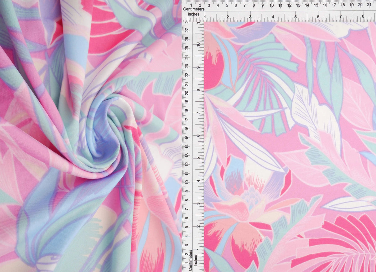 1 Yard DTY Knit Fabric Tropical Leaf Print, 180 GSM, 58/60? Wide Polyester Spandex Stretch Pink