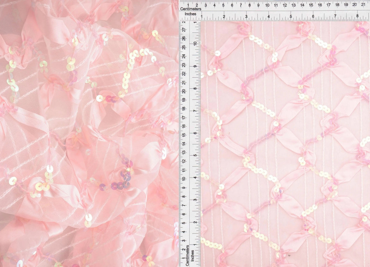 1 Yard Pink Mesh Sequins Embroidery Fabric, 58/60? Wide Polyester Spandex Blend