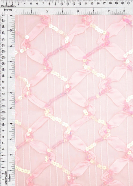 1 Yard Pink Mesh Sequins Embroidery Fabric, 58/60'' Wide Polyester Spandex Blend